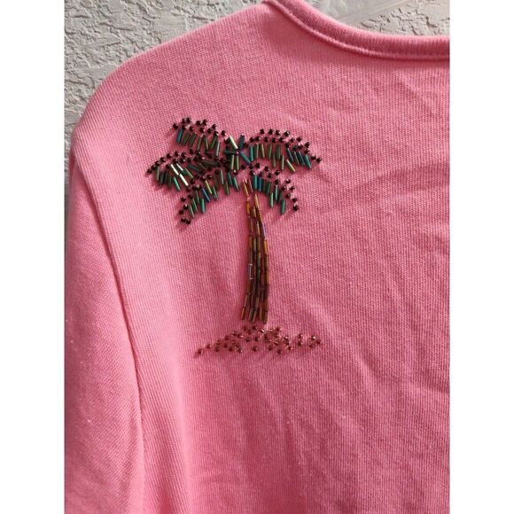 Quacker Factory Women's Long Sleeve Pink Shirt Palm Trees Sequins Bikinis Shirt - Picture 7 of 7